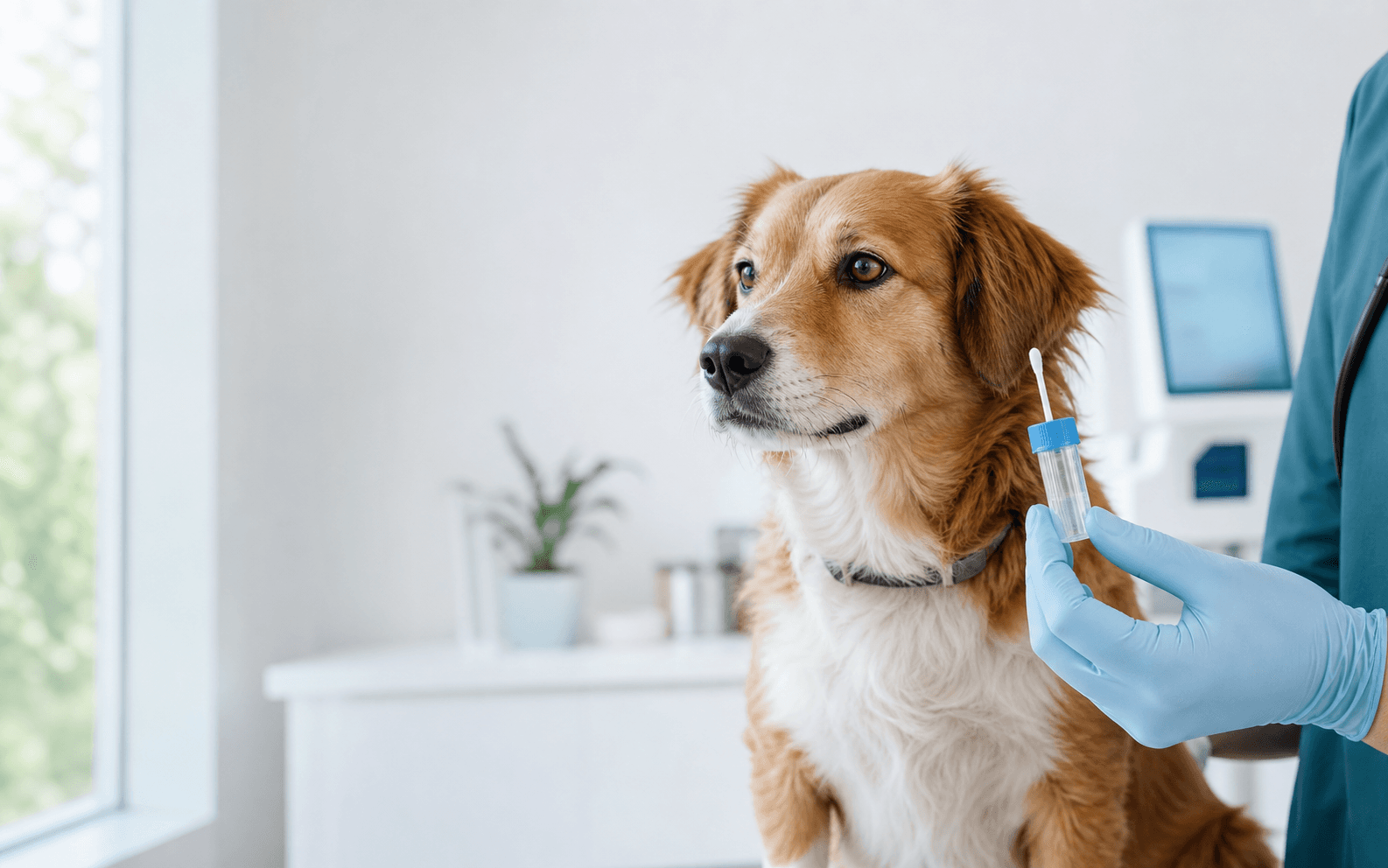 Gos en una clínica veterinària moderna durant una identificació genètica